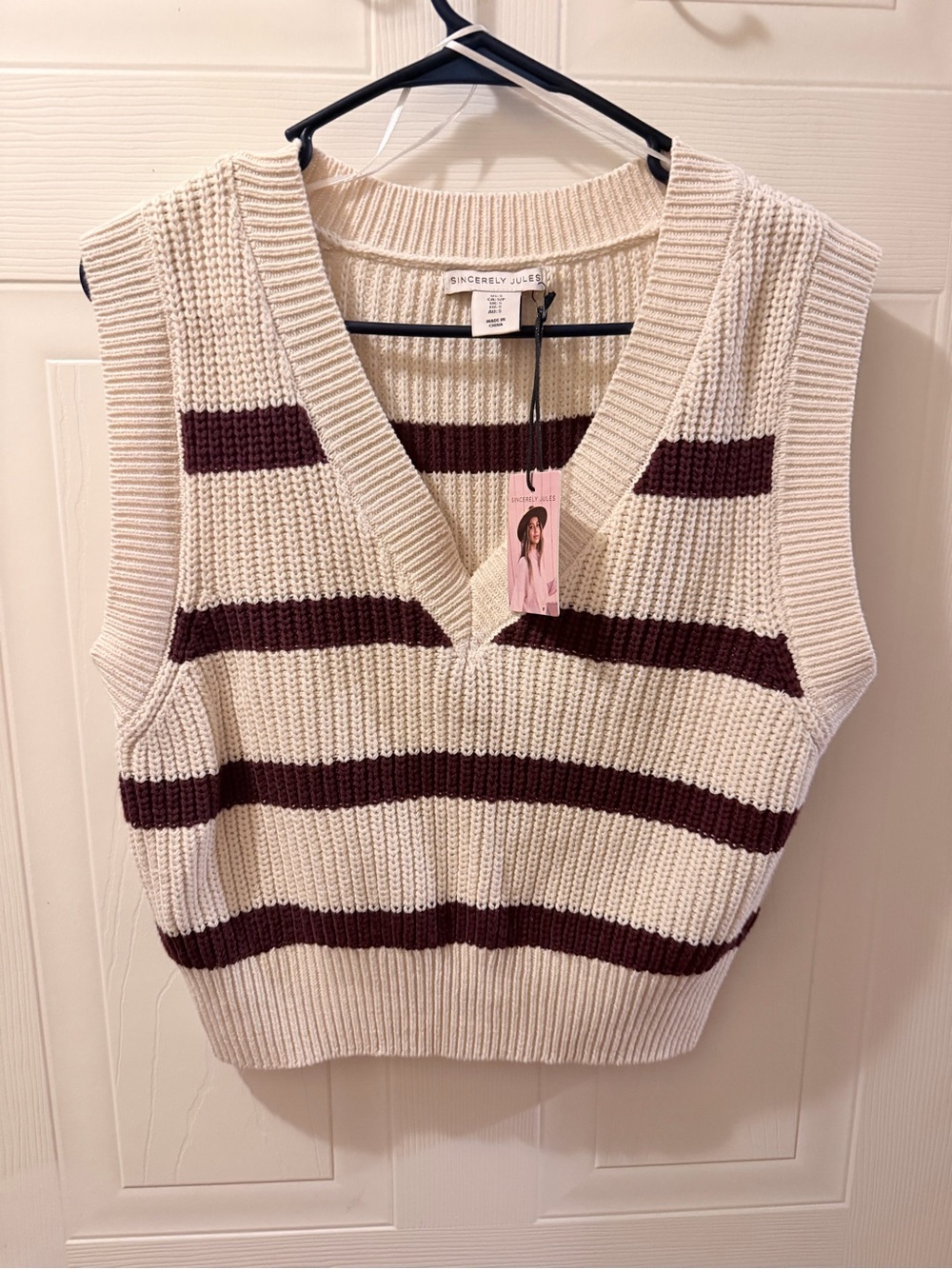 Sincerly Jules Cream Tank Sweater Vest with Burgundy Stripes
